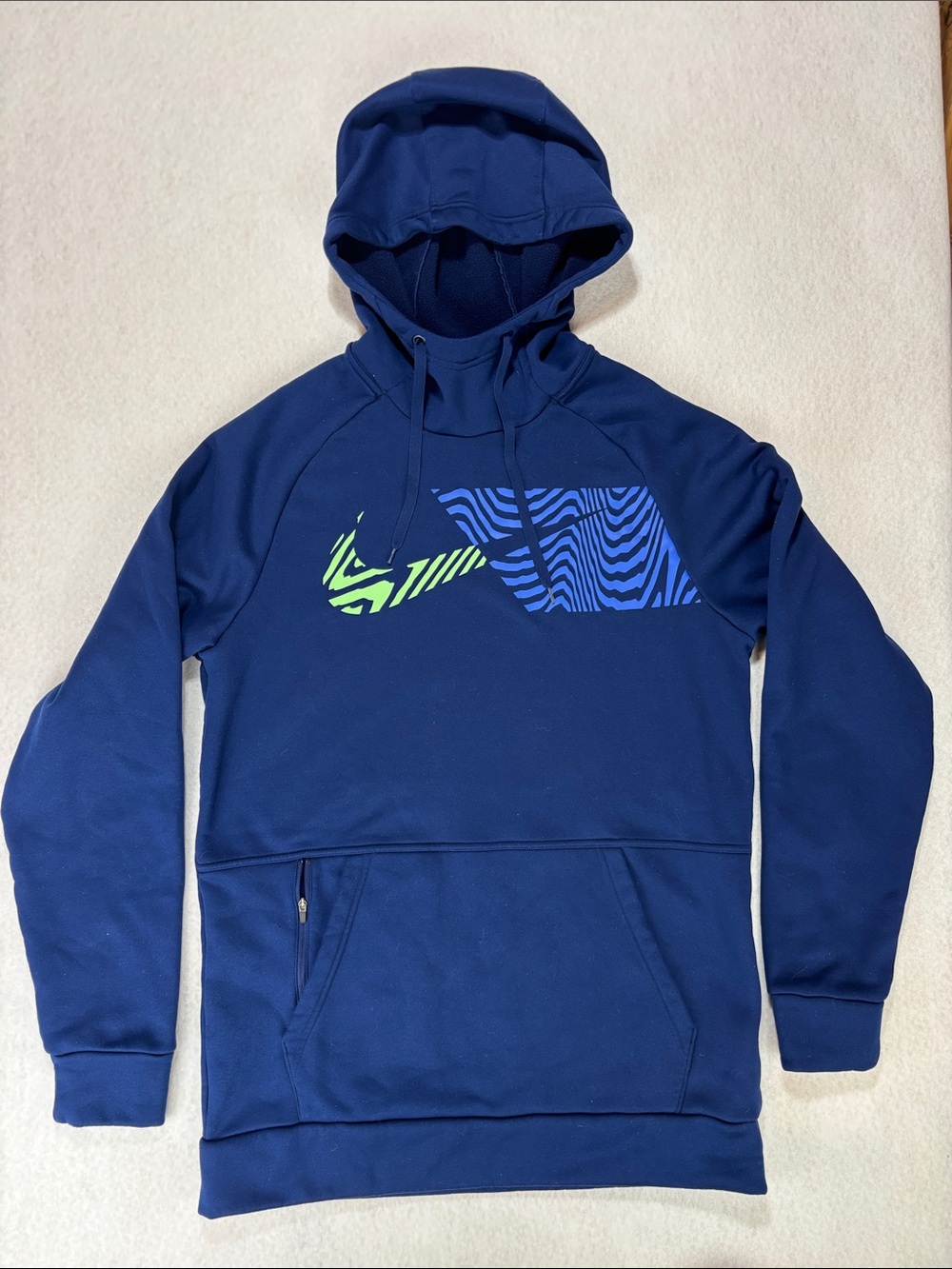 Nike Dri-Fit Men's Navy Hoodie with Blue and Lime Graphic Sz S
